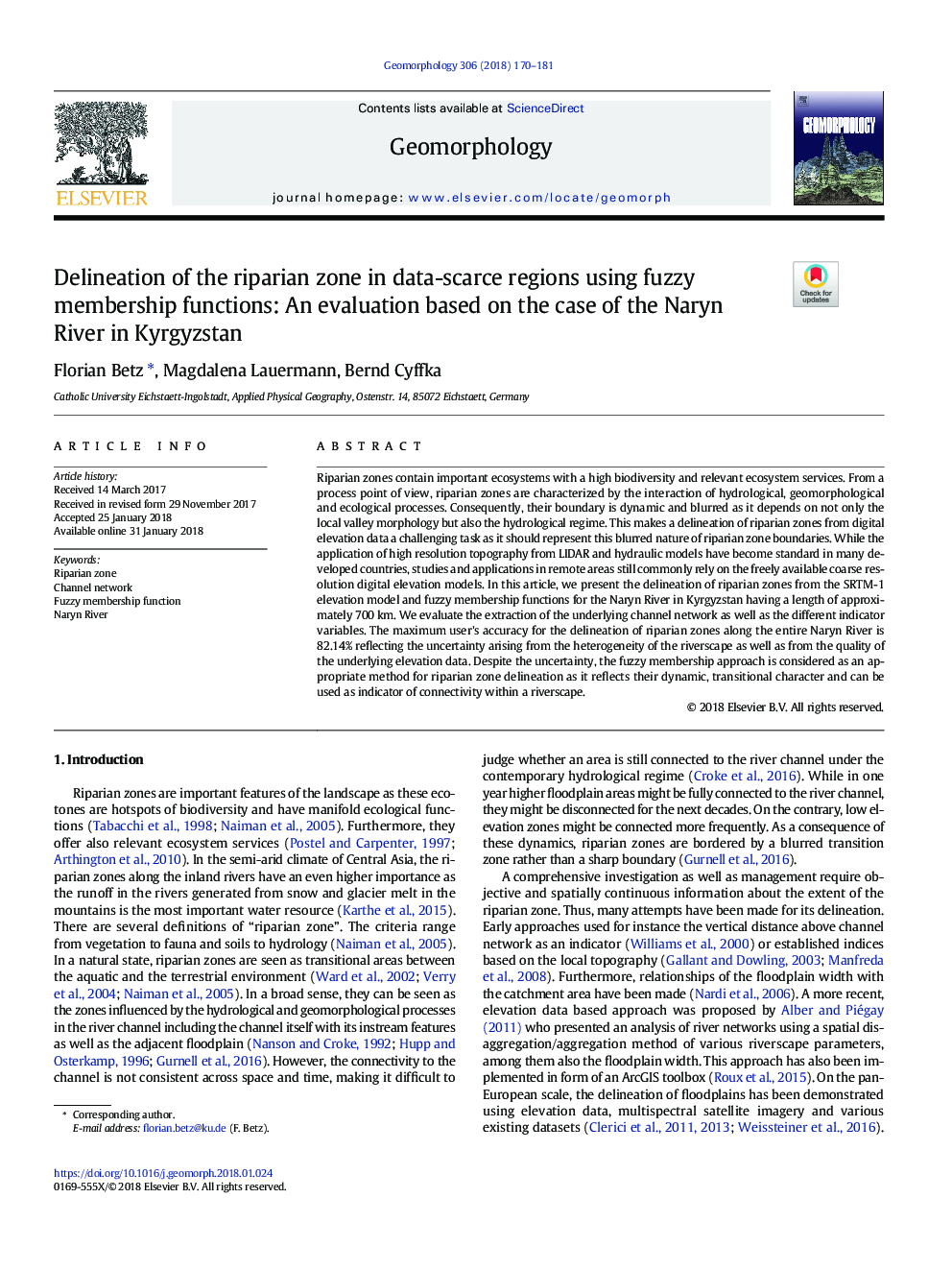 Delineation of the riparian zone in data-scarce regions using fuzzy membership functions: An evaluation based on the case of the Naryn River in Kyrgyzstan