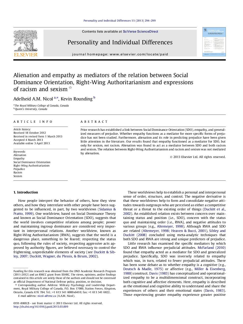 Alienation and empathy as mediators of the relation between Social Dominance Orientation, Right-Wing Authoritarianism and expressions of racism and sexism 