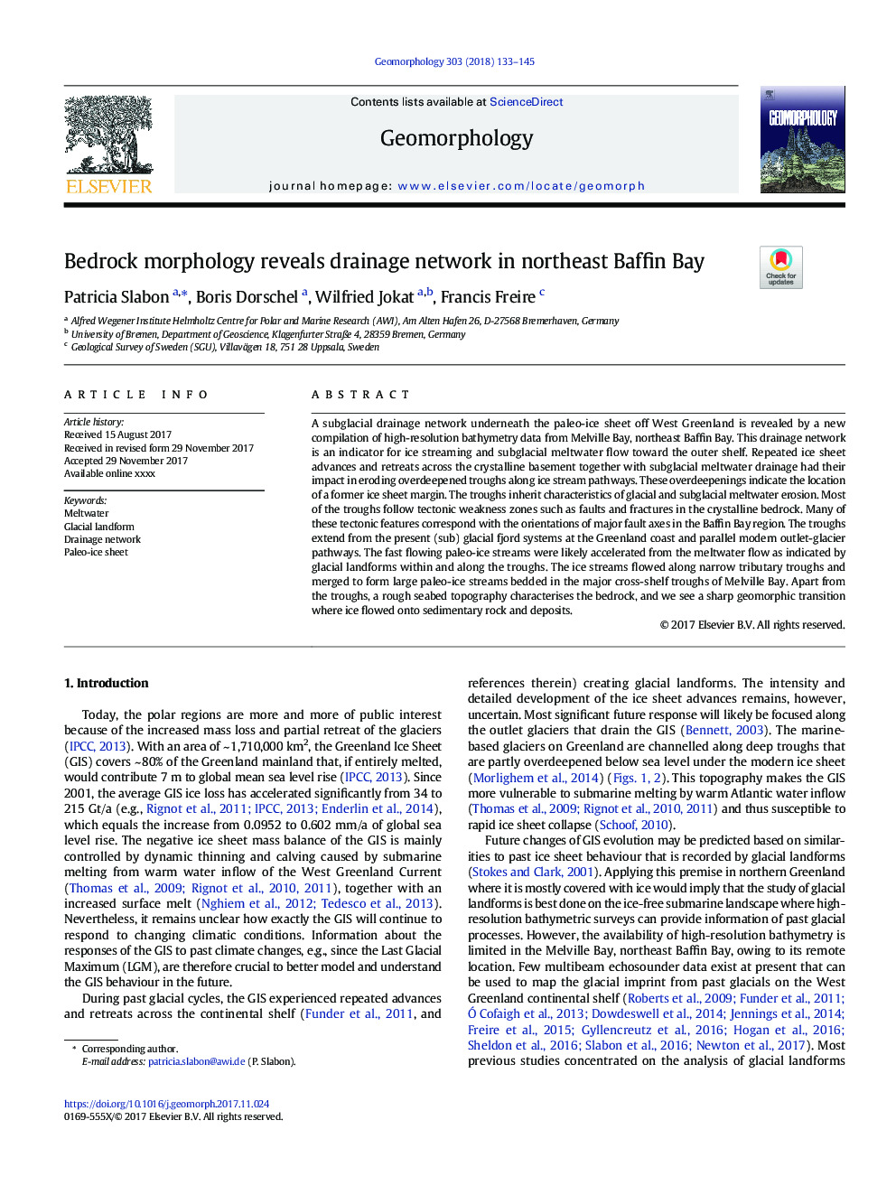 Bedrock morphology reveals drainage network in northeast Baffin Bay