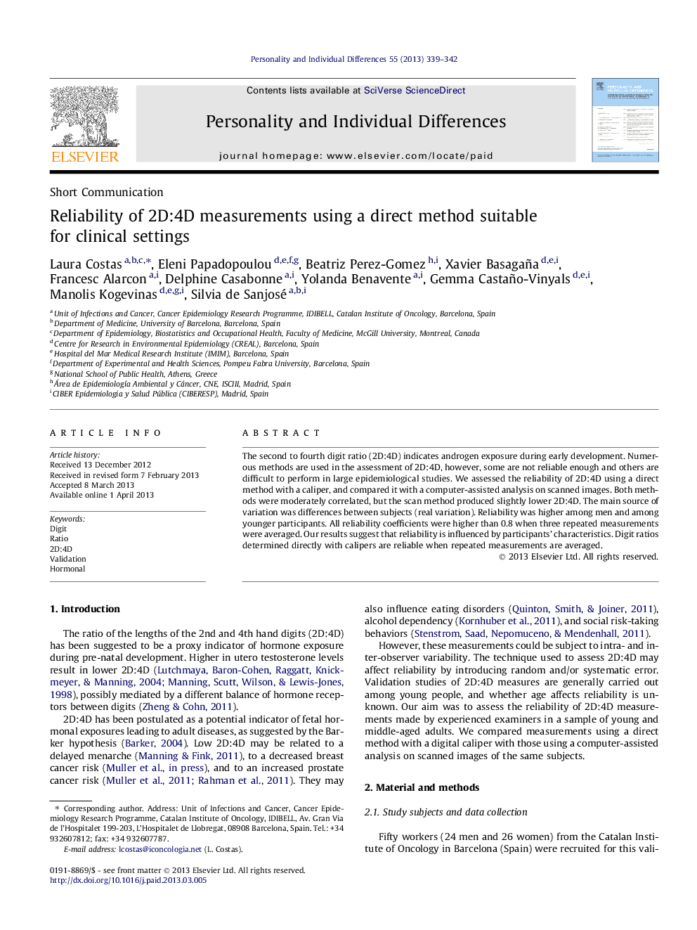 Reliability of 2D:4D measurements using a direct method suitable for clinical settings