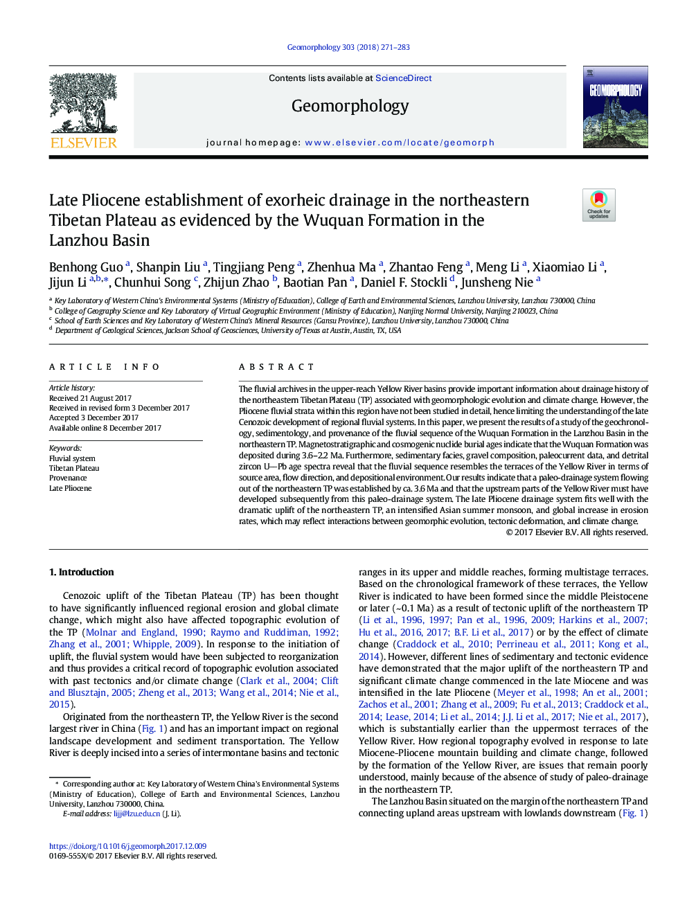 Late Pliocene establishment of exorheic drainage in the northeastern Tibetan Plateau as evidenced by the Wuquan Formation in the Lanzhou Basin