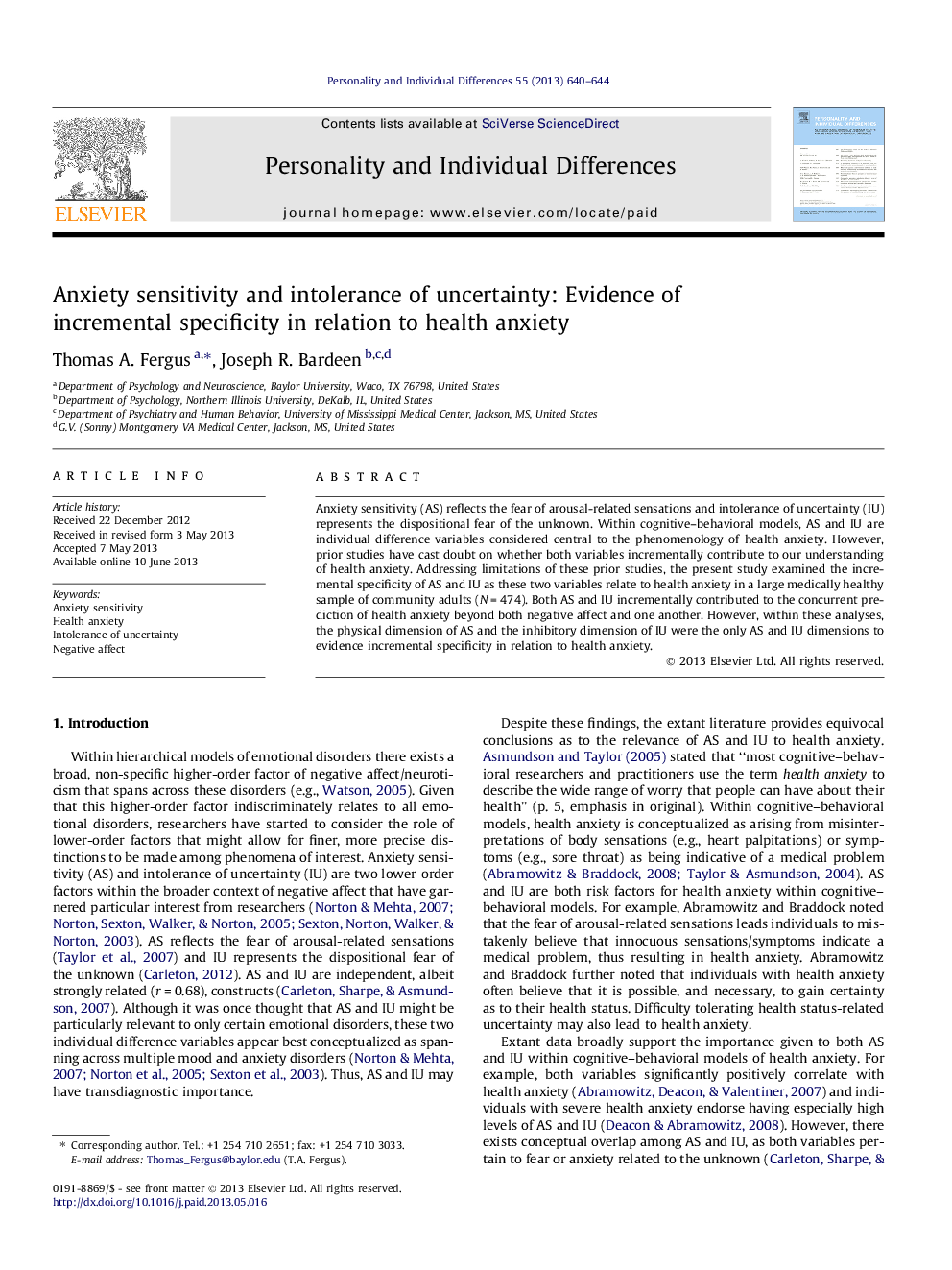 Anxiety sensitivity and intolerance of uncertainty: Evidence of incremental specificity in relation to health anxiety