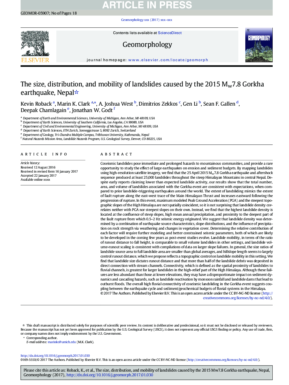 The size, distribution, and mobility of landslides caused by the 2015 Mw7.8 Gorkha earthquake, Nepal
