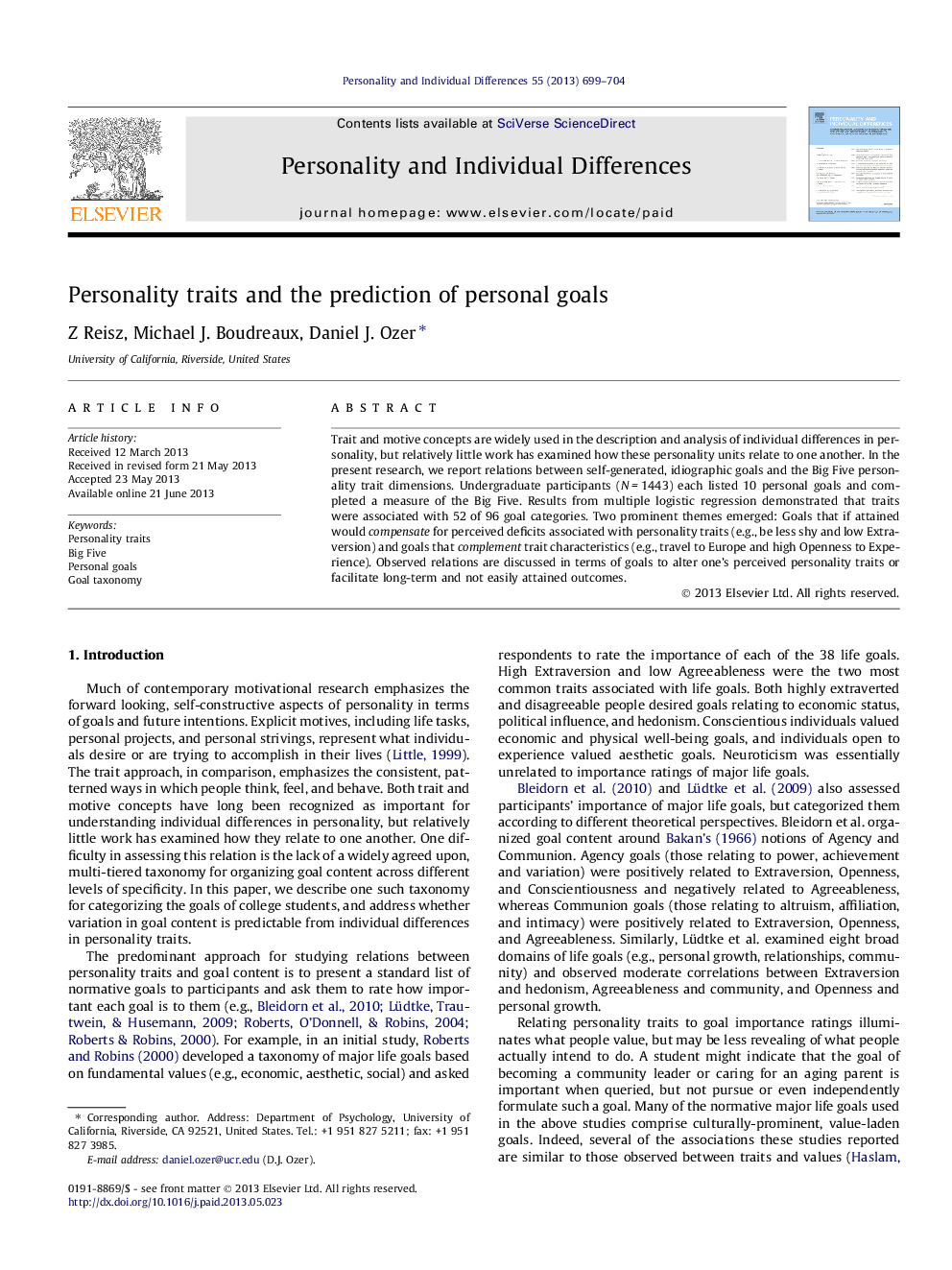 Personality traits and the prediction of personal goals