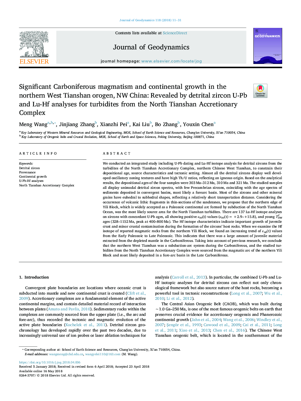 Significant Carboniferous magmatism and continental growth in the northern West Tianshan orogen, NW China: Revealed by detrital zircon U-Pb and Lu-Hf analyses for turbidites from the North Tianshan Accretionary Complex