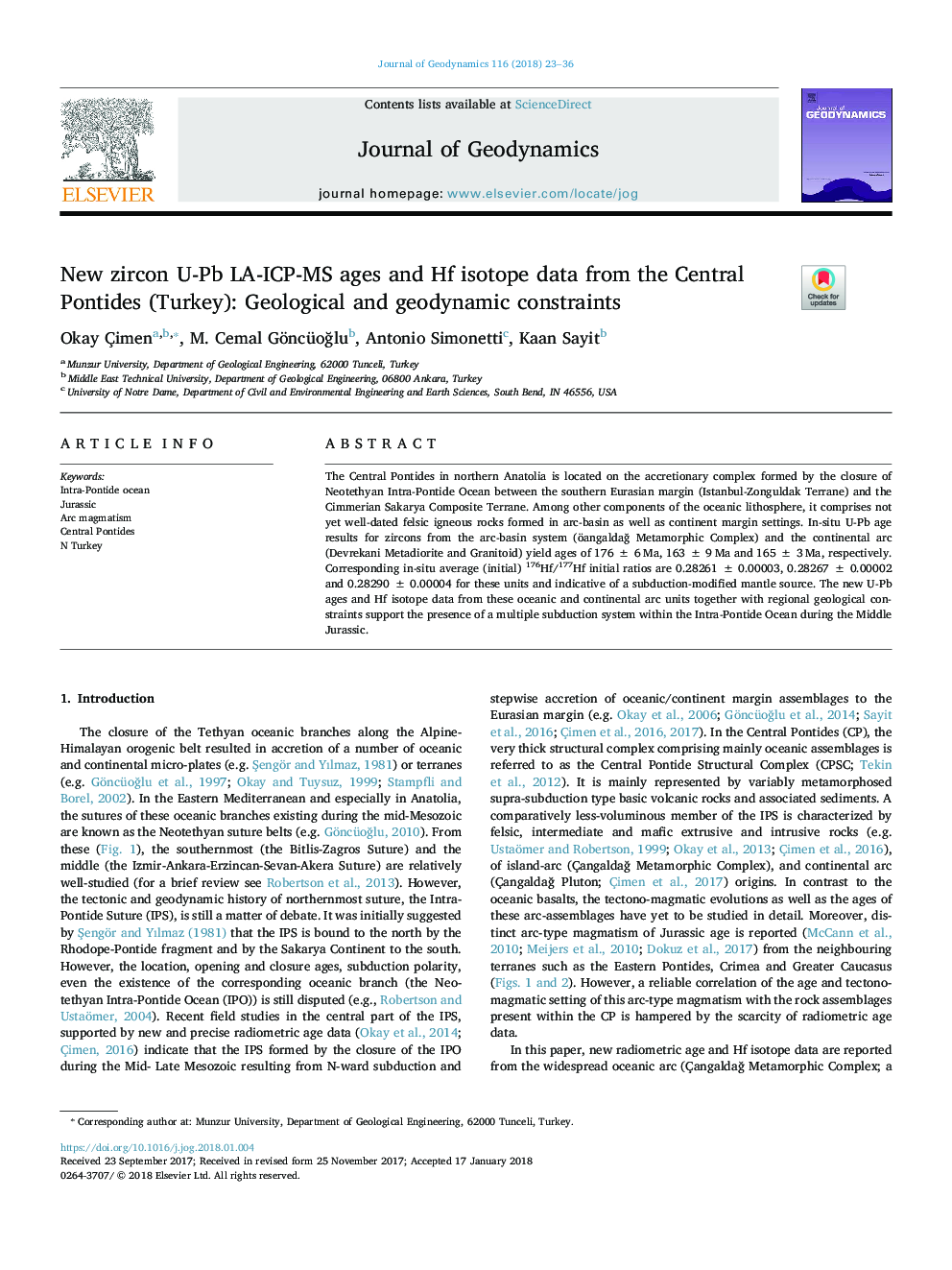 New zircon U-Pb LA-ICP-MS ages and Hf isotope data from the Central Pontides (Turkey): Geological and geodynamic constraints