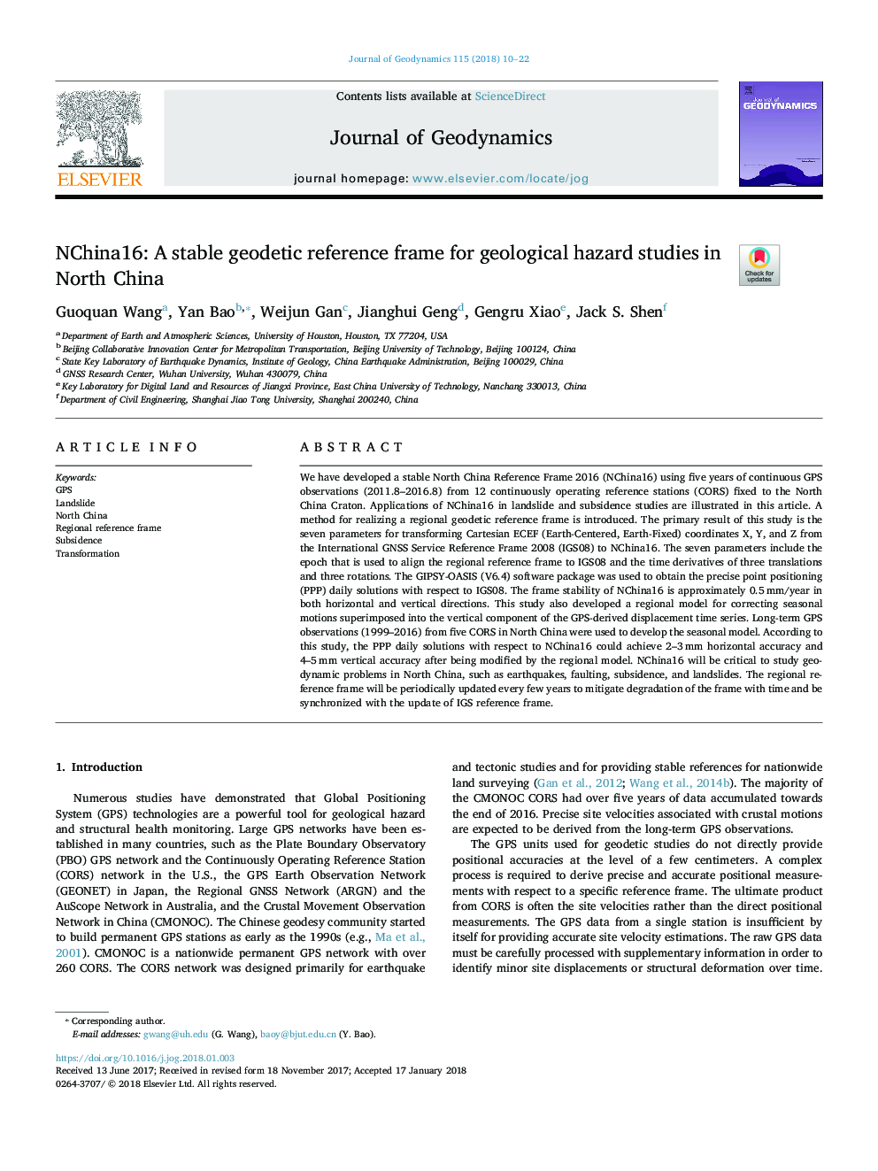 NChina16: A stable geodetic reference frame for geological hazard studies in North China