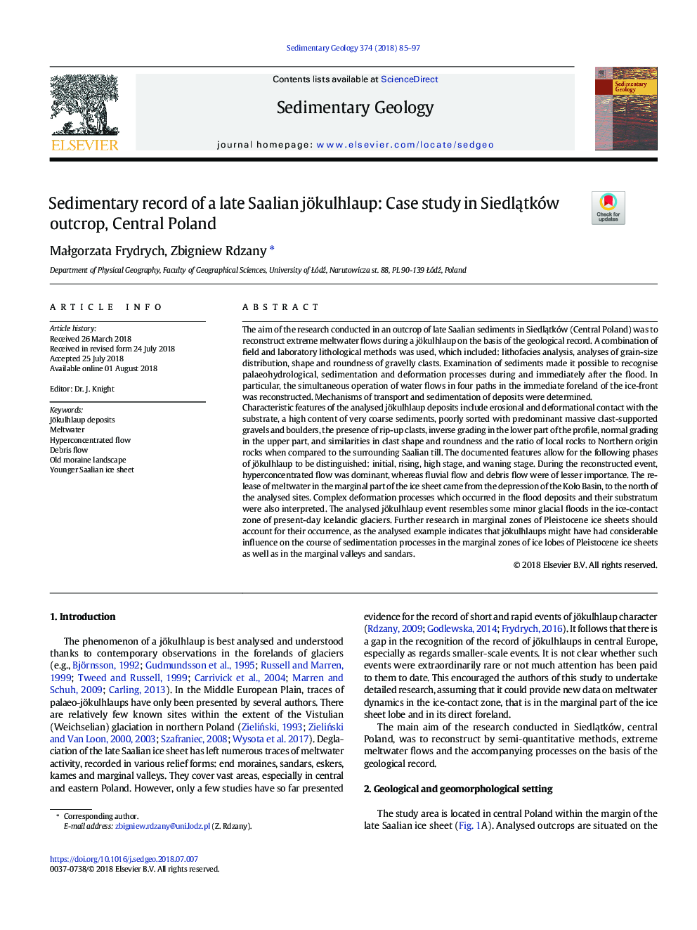 Sedimentary record of a late Saalian jökulhlaup: Case study in SiedlÄtków outcrop, Central Poland