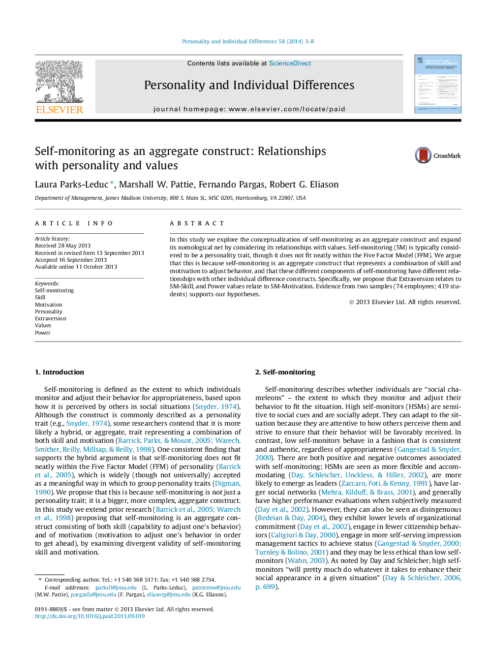 Self-monitoring as an aggregate construct: Relationships with personality and values