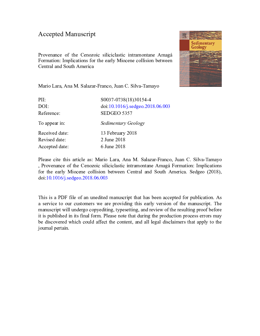 Provenance of the Cenozoic siliciclastic intramontane Amagá Formation: Implications for the early Miocene collision between Central and South America