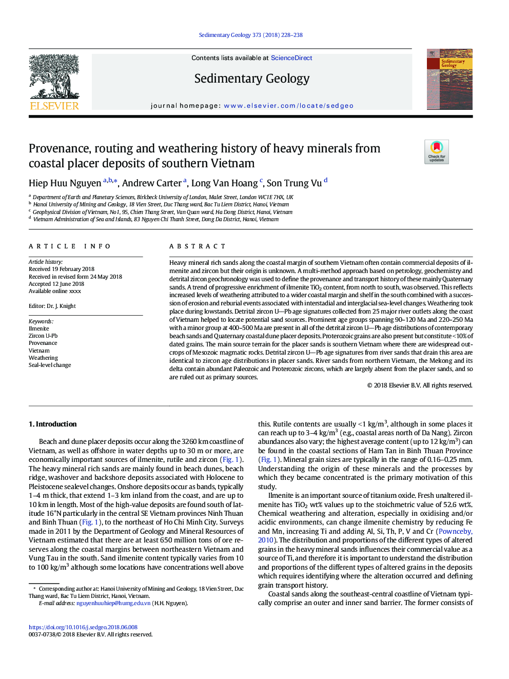 Provenance, routing and weathering history of heavy minerals from coastal placer deposits of southern Vietnam