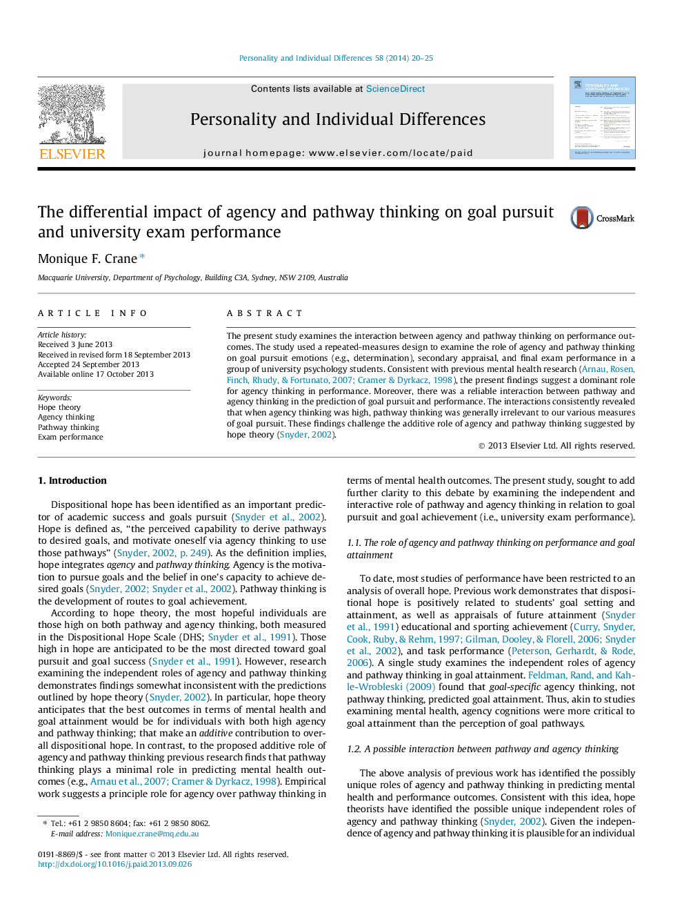 The differential impact of agency and pathway thinking on goal pursuit and university exam performance