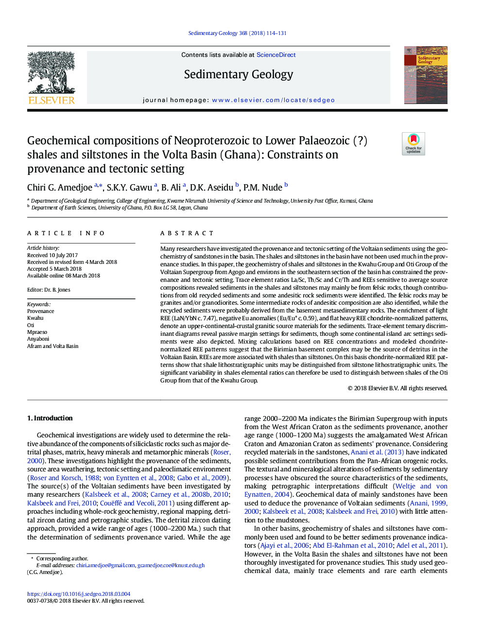 عکس صفحه اول مقاله: Geochemical compositions of Neoproterozoic to Lower Palaeozoic (?) shales and siltstones in the Volta Basin (Ghana): Constraints on provenance and tectonic setting Geochemical compositions of Neoproterozoic to Lower Palaeozoic (?) shales and siltstones in the Volta Basin (Ghana): Constraints on provenance and tectonic setting