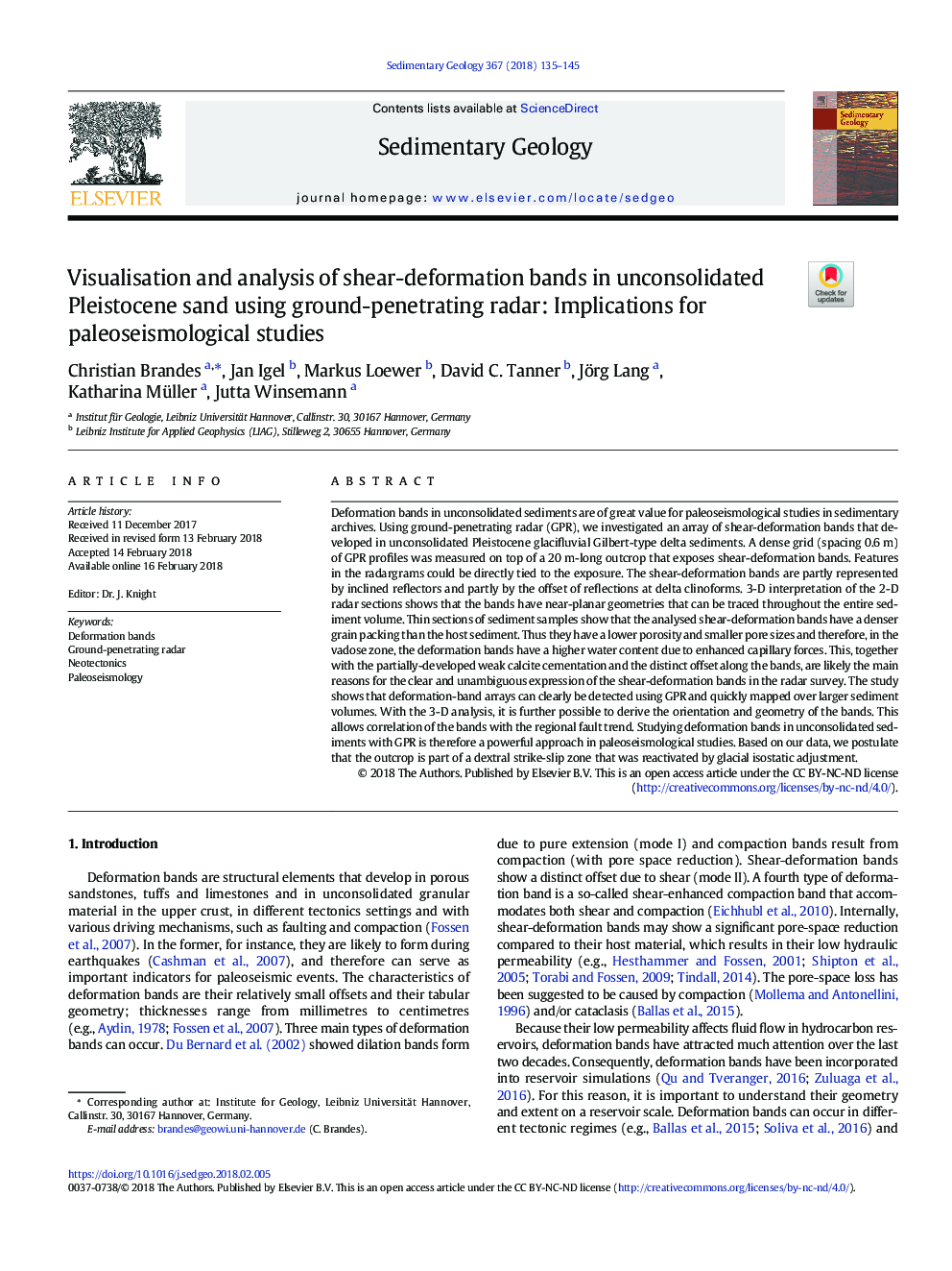 Visualisation and analysis of shear-deformation bands in unconsolidated Pleistocene sand using ground-penetrating radar: Implications for paleoseismological studies