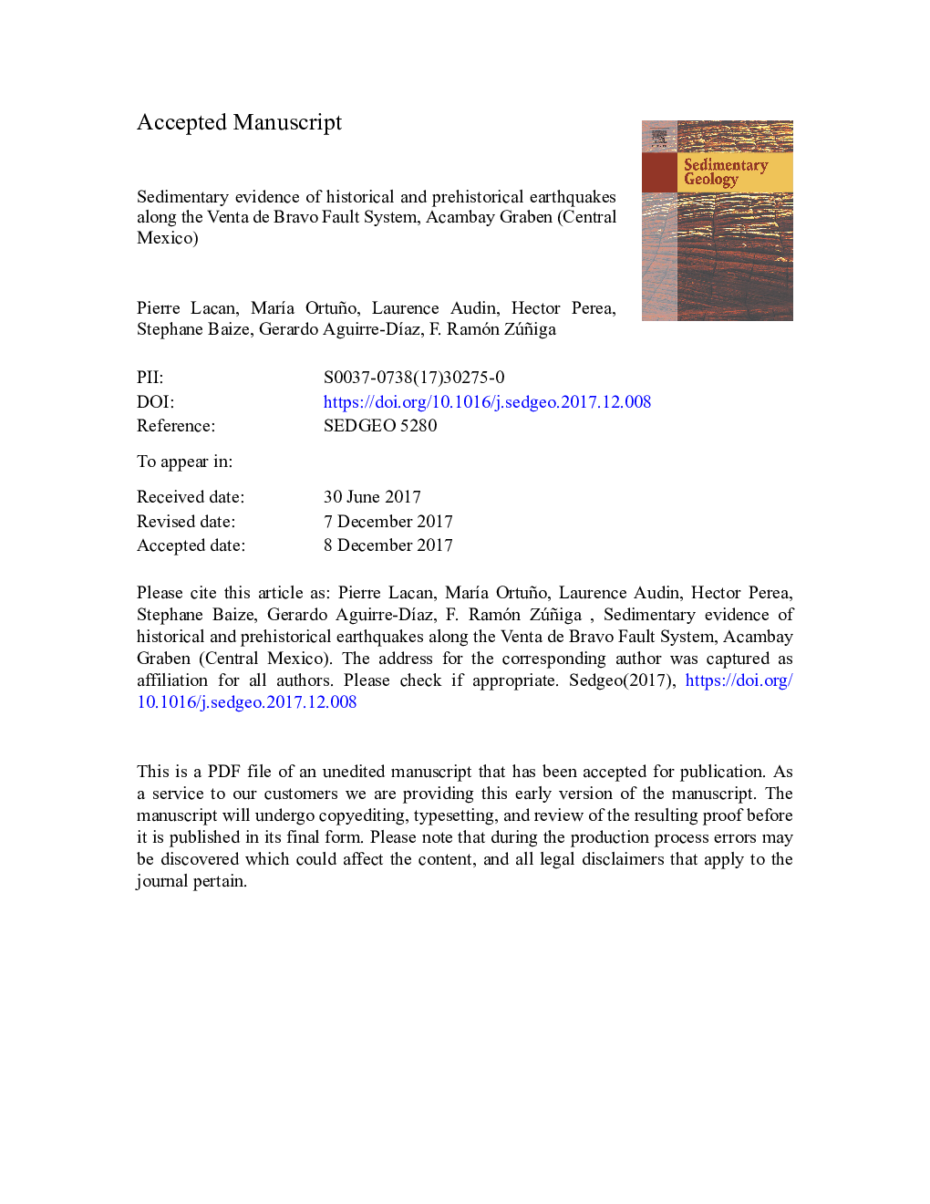 Sedimentary evidence of historical and prehistorical earthquakes along the Venta de Bravo Fault System, Acambay Graben (Central Mexico)