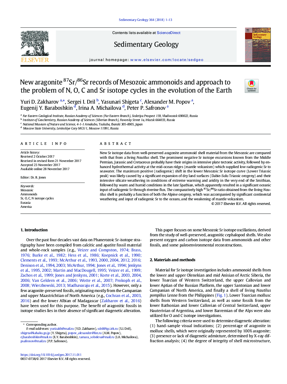 New aragonite 87Sr/86Sr records of Mesozoic ammonoids and approach to the problem of N, O, C and Sr isotope cycles in the evolution of the Earth