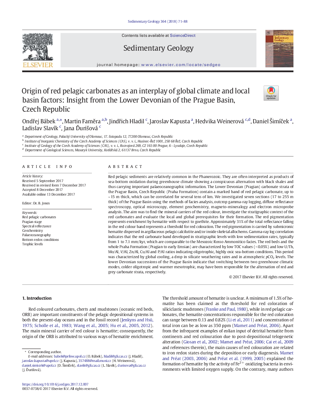 Origin of red pelagic carbonates as an interplay of global climate and local basin factors: Insight from the Lower Devonian of the Prague Basin, Czech Republic