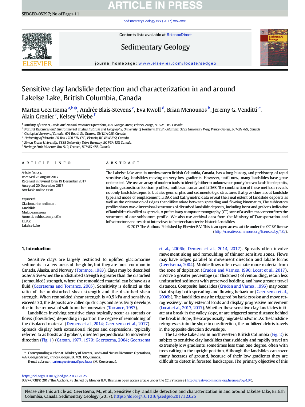 Sensitive clay landslide detection and characterization in and around Lakelse Lake, British Columbia, Canada