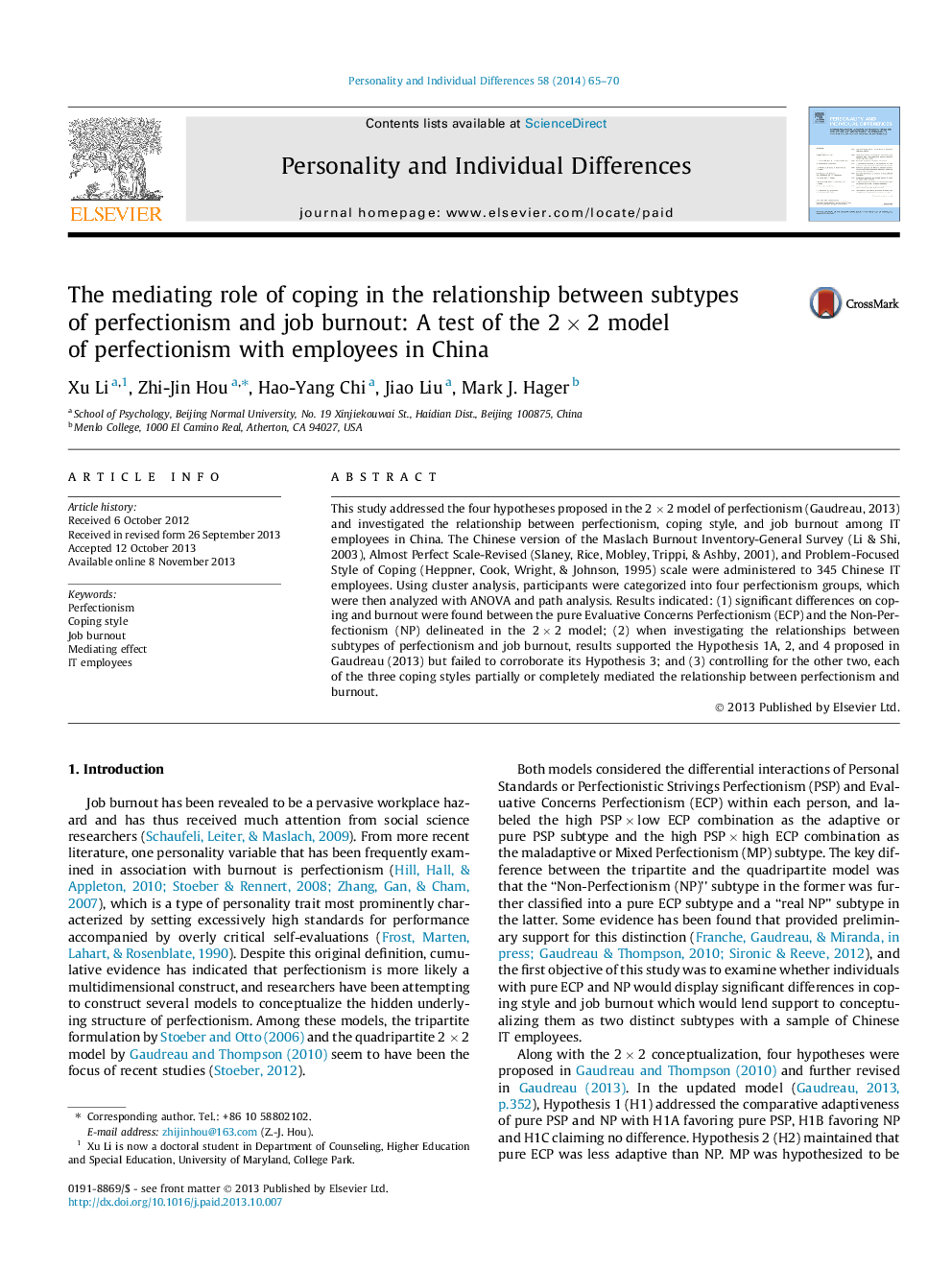 The mediating role of coping in the relationship between subtypes of perfectionism and job burnout: A test of the 2 × 2 model of perfectionism with employees in China