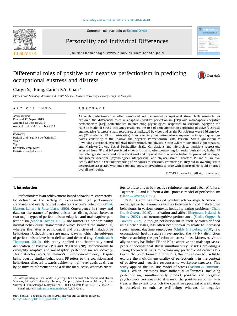 Differential roles of positive and negative perfectionism in predicting occupational eustress and distress