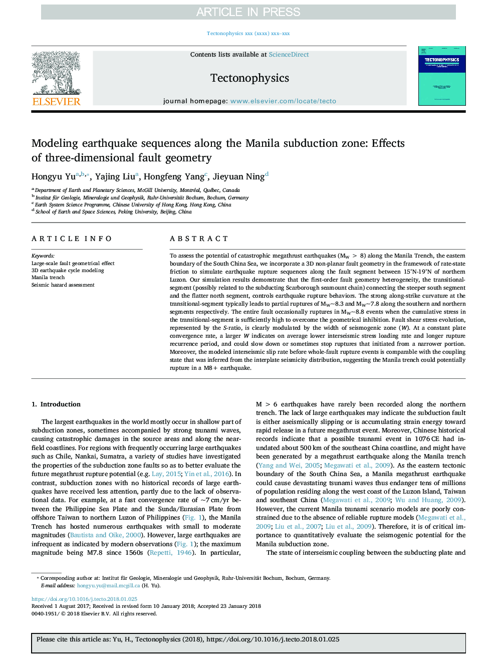 Modeling earthquake sequences along the Manila subduction zone: Effects of three-dimensional fault geometry