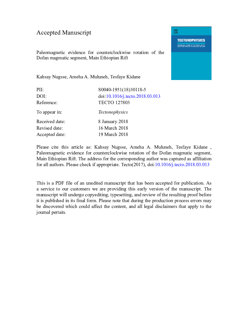 شواهد پالئومغناطیسی برای چرخش ضد گردان بخش مغناطیسی دافان، ریت اتیوپی اصلی