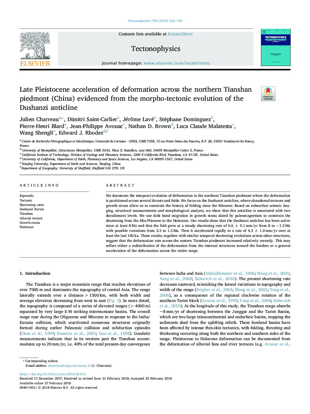 Late Pleistocene acceleration of deformation across the northern Tianshan piedmont (China) evidenced from the morpho-tectonic evolution of the Dushanzi anticline