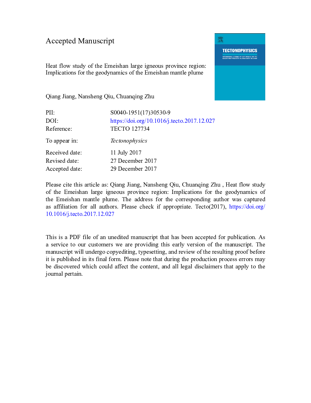 Heat flow study of the Emeishan large igneous province region: Implications for the geodynamics of the Emeishan mantle plume