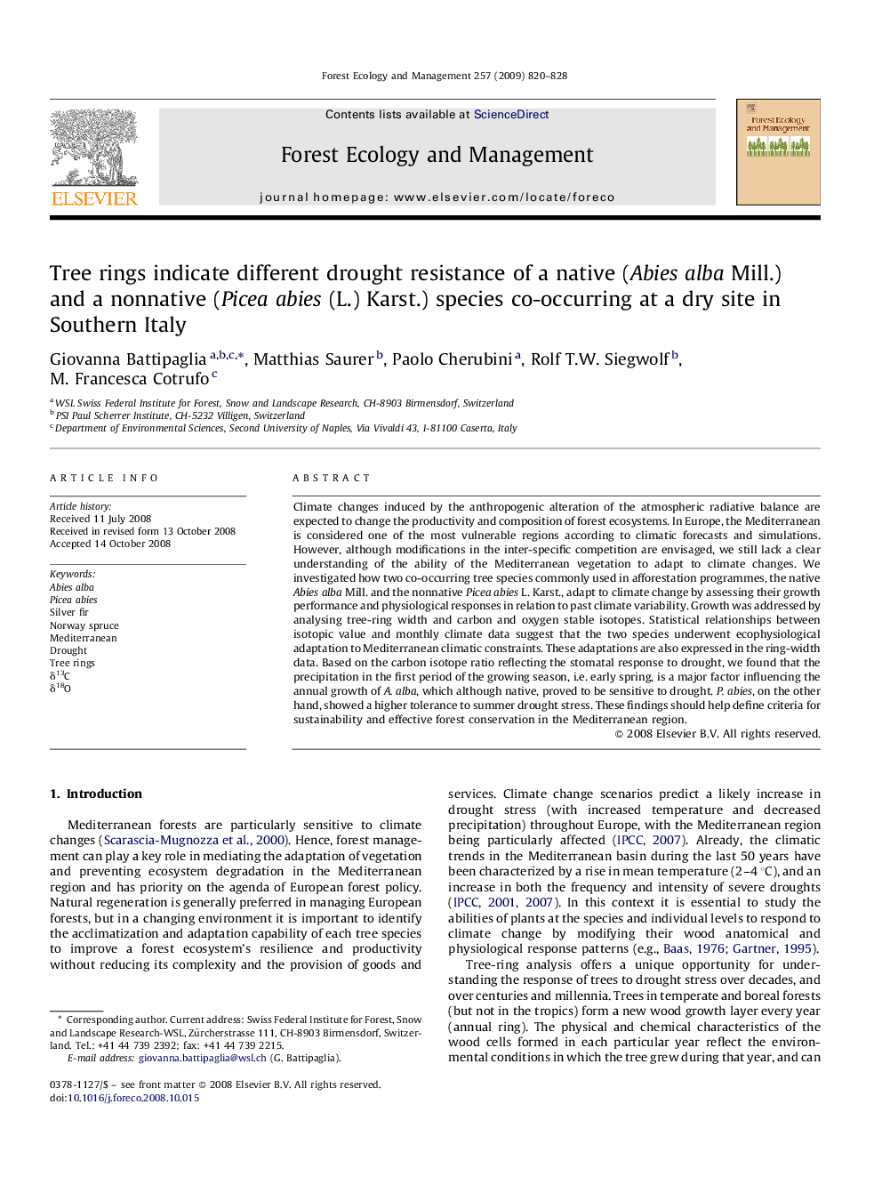 Tree rings indicate different drought resistance of a native (Abies alba Mill.) and a nonnative (Picea abies (L.) Karst.) species co-occurring at a dry site in Southern Italy