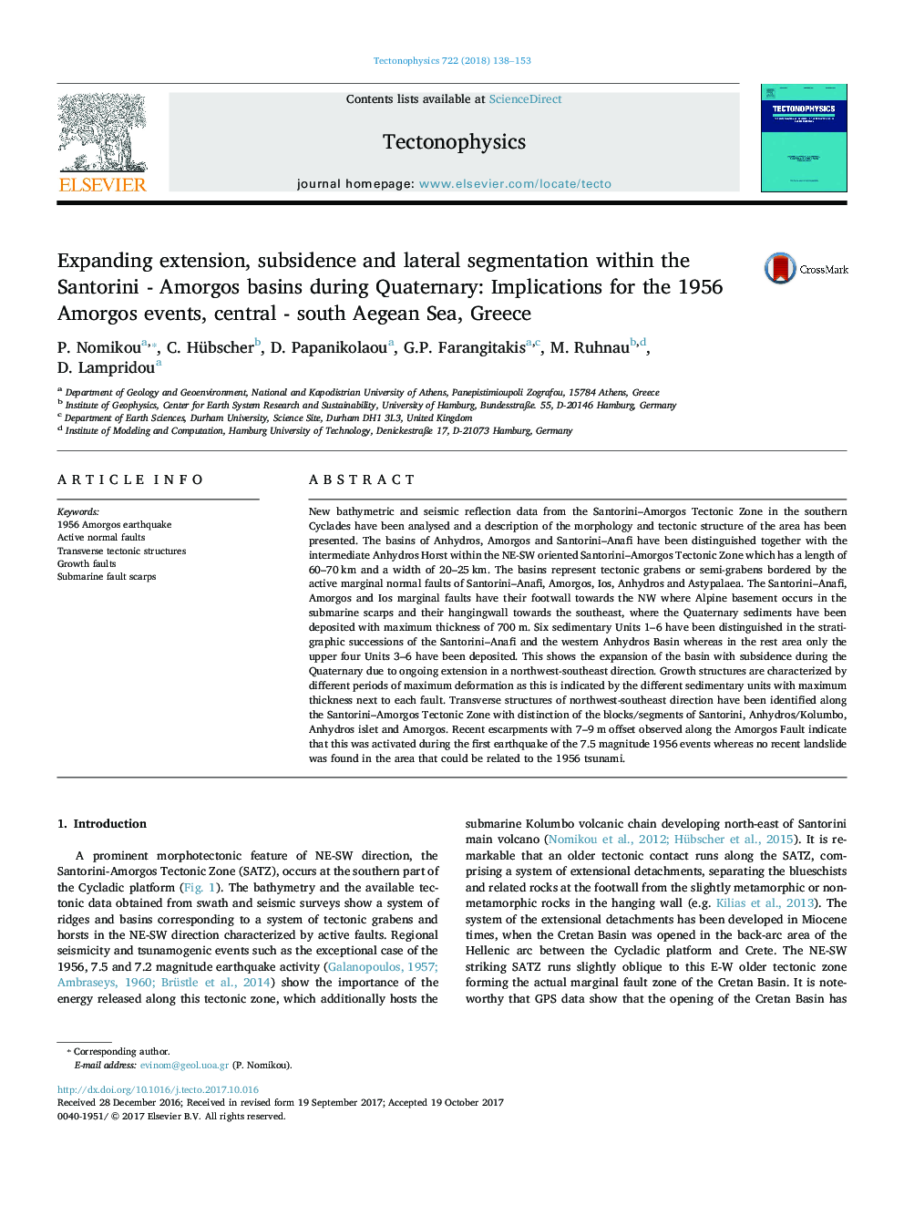 Expanding extension, subsidence and lateral segmentation within the Santorini - Amorgos basins during Quaternary: Implications for the 1956 Amorgos events, central - south Aegean Sea, Greece