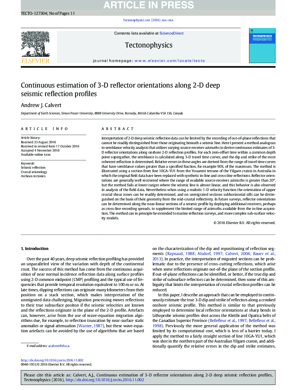 Continuous estimation of 3-D reflector orientations along 2-D deep seismic reflection profiles