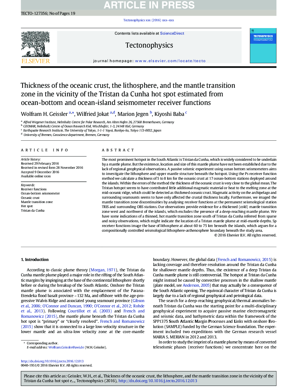 Thickness of the oceanic crust, the lithosphere, and the mantle transition zone in the vicinity of the Tristan da Cunha hot spot estimated from ocean-bottom and ocean-island seismometer receiver functions