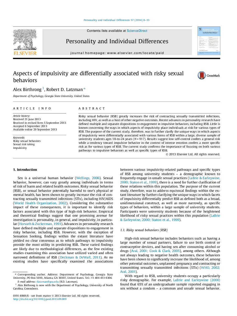 Aspects of impulsivity are differentially associated with risky sexual behaviors