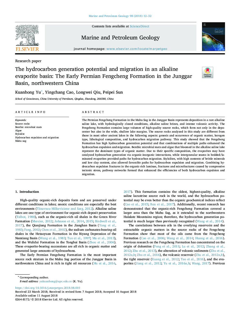 The hydrocarbon generation potential and migration in an alkaline evaporite basin: The Early Permian Fengcheng Formation in the Junggar Basin, northwestern China