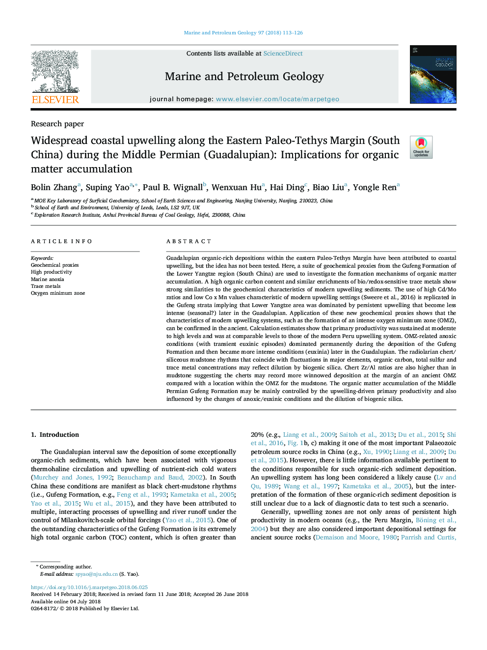 Widespread coastal upwelling along the Eastern Paleo-Tethys Margin (South China) during the Middle Permian (Guadalupian): Implications for organic matter accumulation