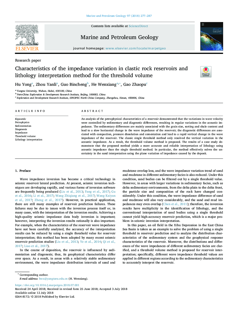 Characteristics of the impedance variation in clastic rock reservoirs and lithology interpretation method for the threshold volume