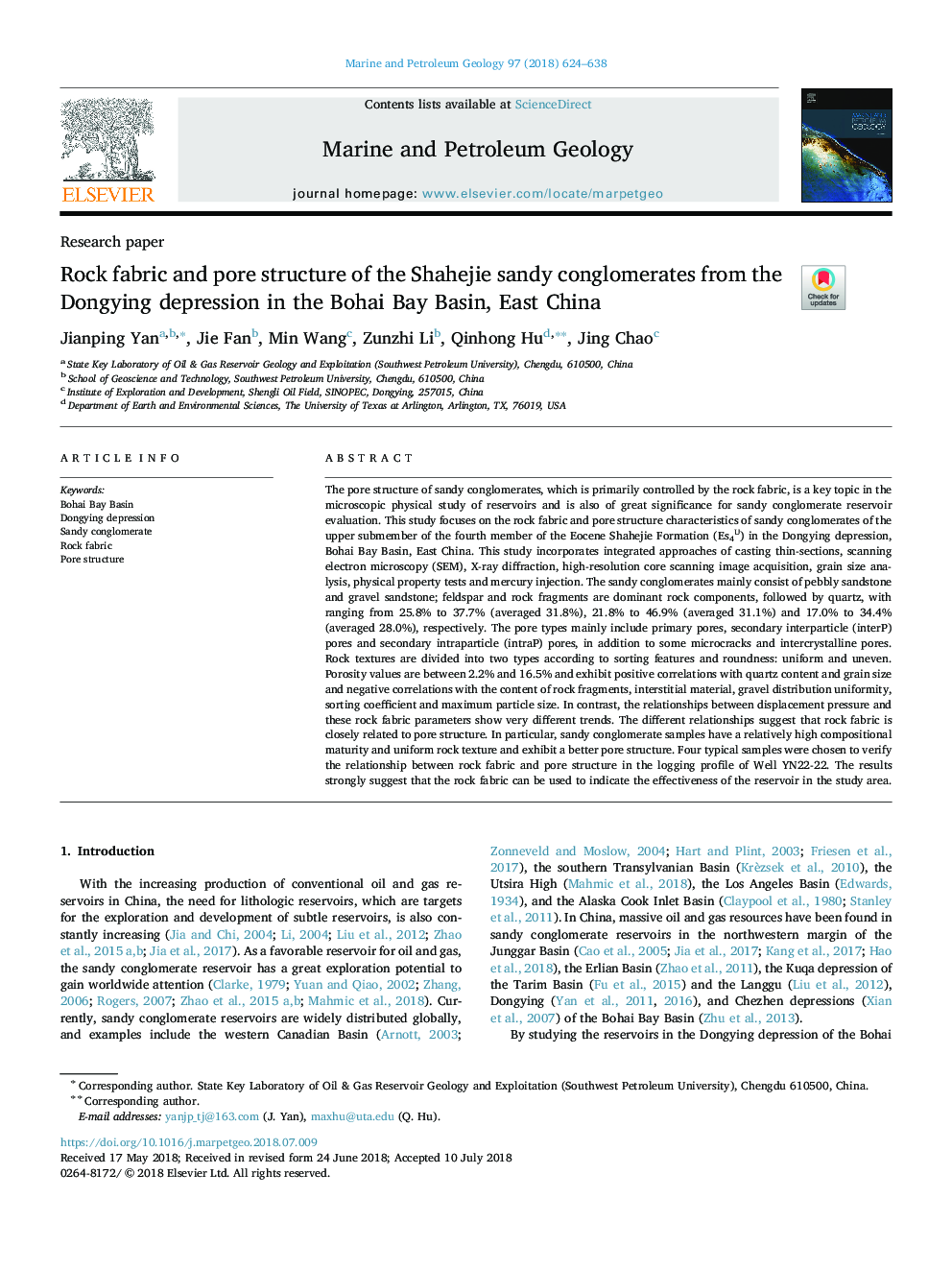 Rock fabric and pore structure of the Shahejie sandy conglomerates from the Dongying depression in the Bohai Bay Basin, East China