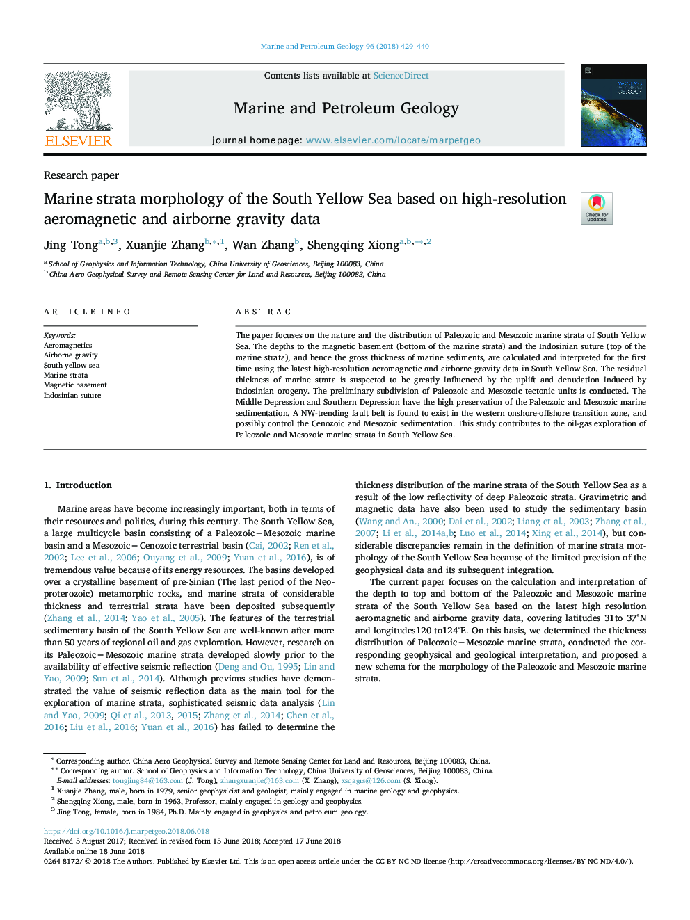 Marine strata morphology of the South Yellow Sea based on high-resolution aeromagnetic and airborne gravity data