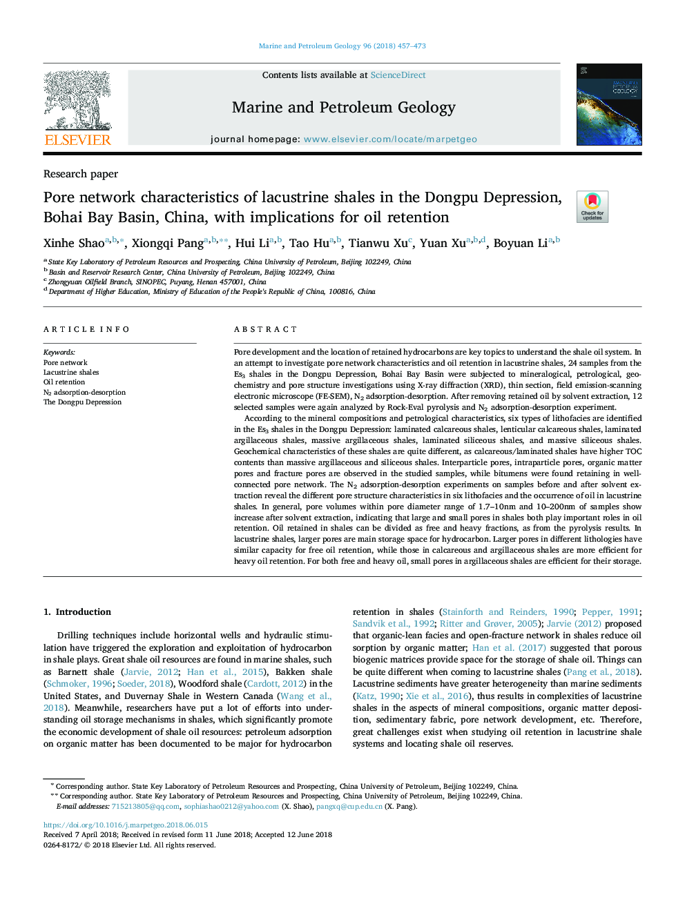 Pore network characteristics of lacustrine shales in the Dongpu Depression, Bohai Bay Basin, China, with implications for oil retention