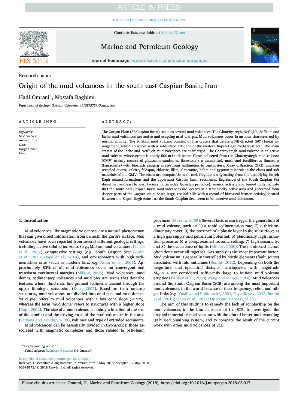 Origin of the mud volcanoes in the south east Caspian Basin, Iran