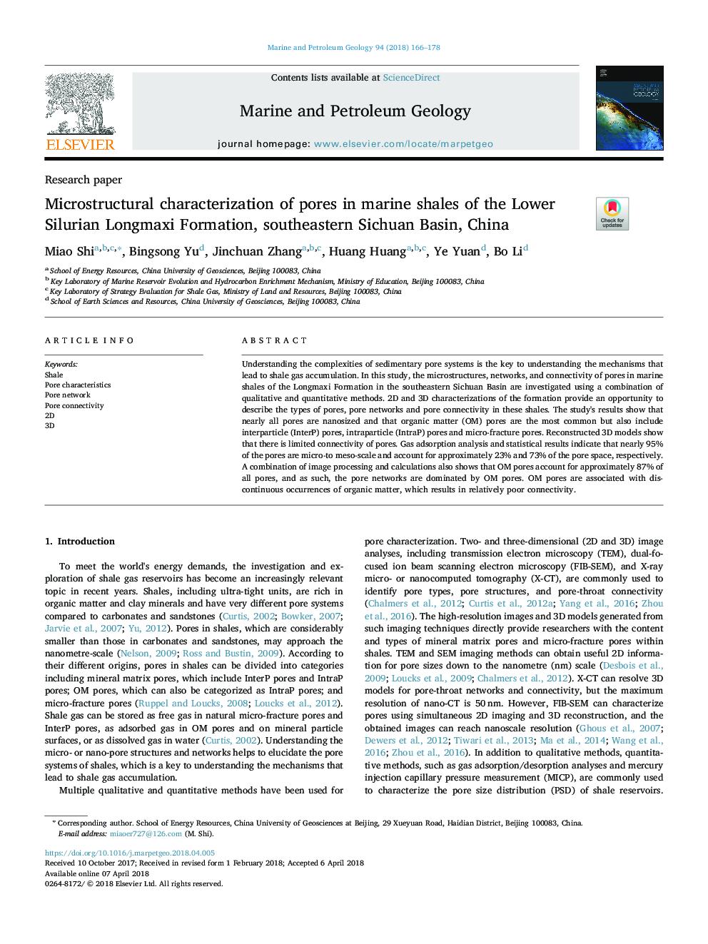 Microstructural characterization of pores in marine shales of the Lower Silurian Longmaxi Formation, southeastern Sichuan Basin, China