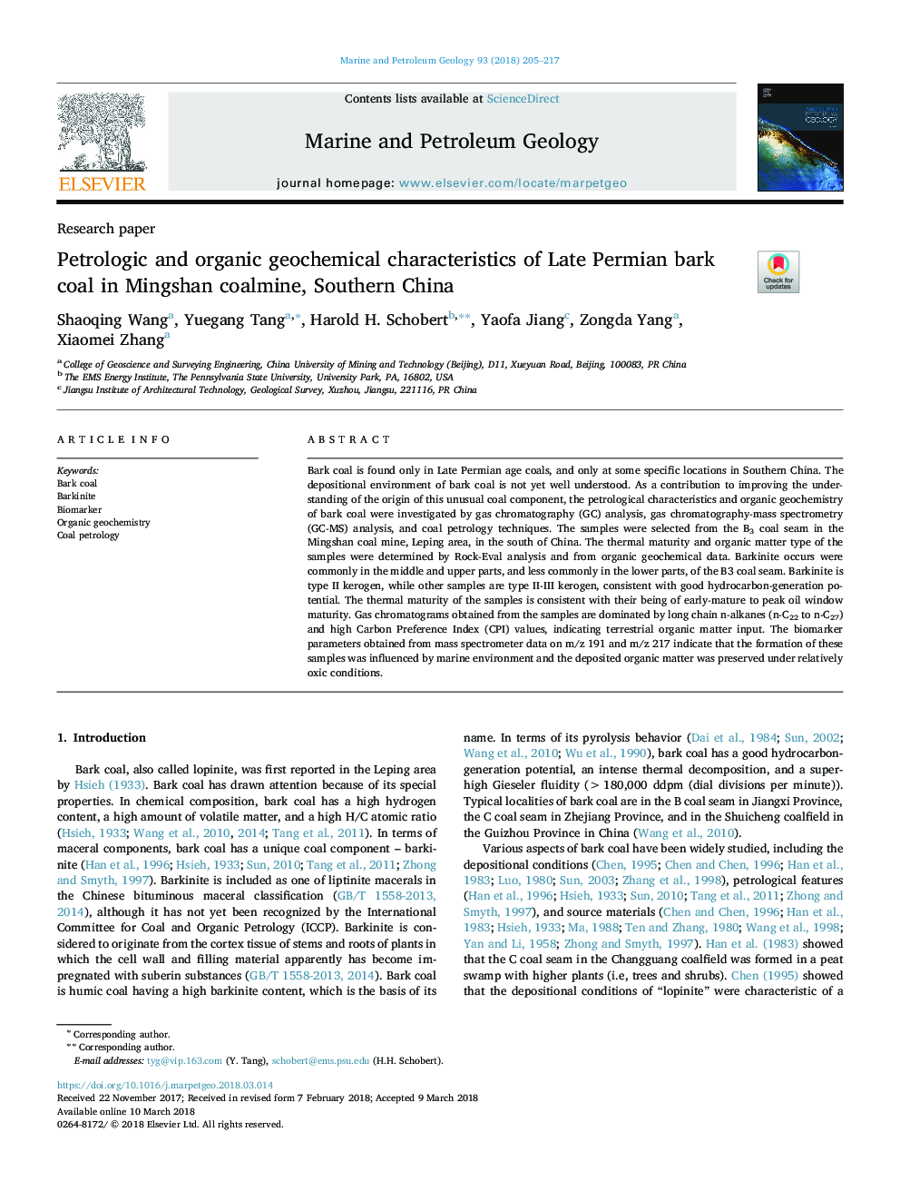 Petrologic and organic geochemical characteristics of Late Permian bark coal in Mingshan coalmine, Southern China