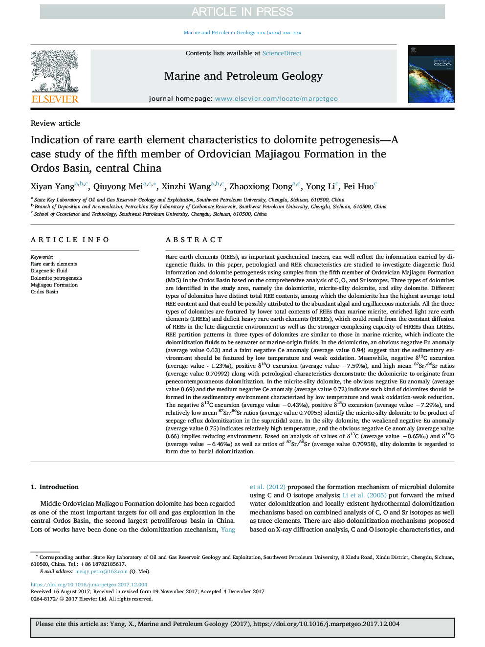 نشانه های ویژگی های عناصر کمیاب خاکی به پتروژنز دولومیت - مطالعه موردی عضو پنجم سازند ارتودویک ماجیگو در حوضه رود اردو، مرکزی چین