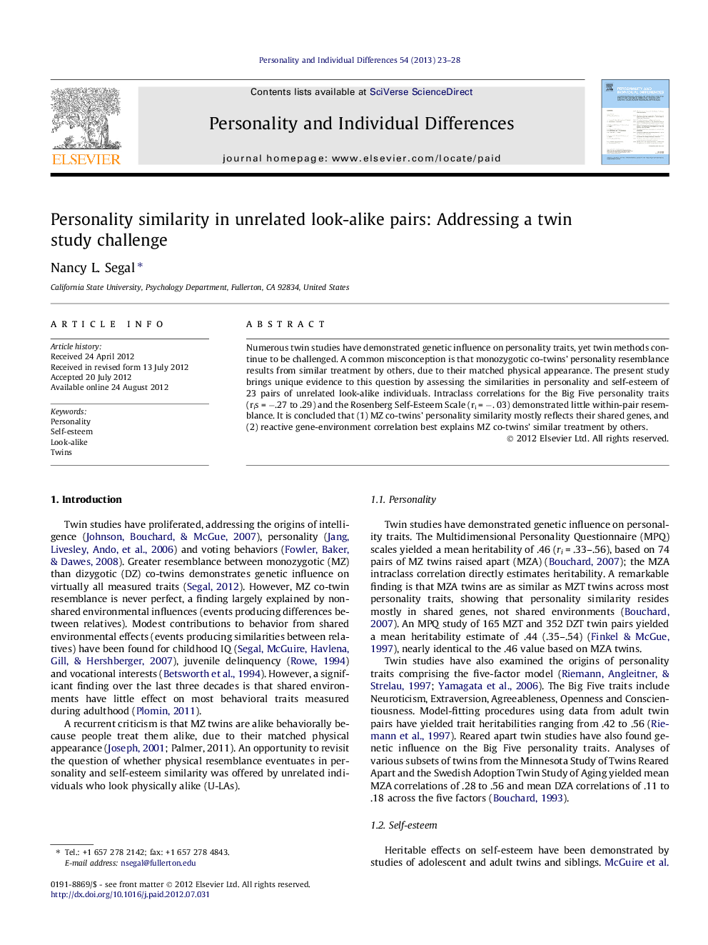 Personality similarity in unrelated look-alike pairs: Addressing a twin study challenge