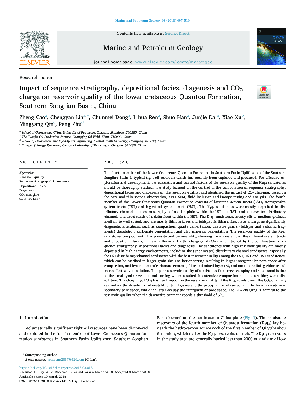 Impact of sequence stratigraphy, depositional facies, diagenesis and CO2 charge on reservoir quality of the lower cretaceous Quantou Formation, Southern Songliao Basin, China