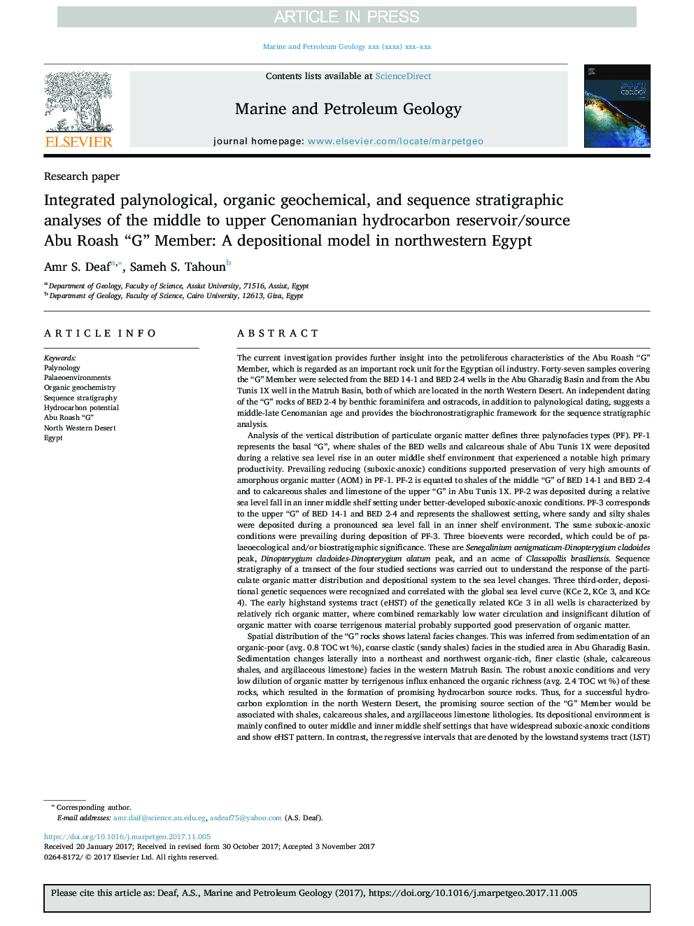 Integrated palynological, organic geochemical, and sequence stratigraphic analyses of the middle to upper Cenomanian hydrocarbon reservoir/source Abu Roash “G” Member: A depositional model in northwestern Egypt