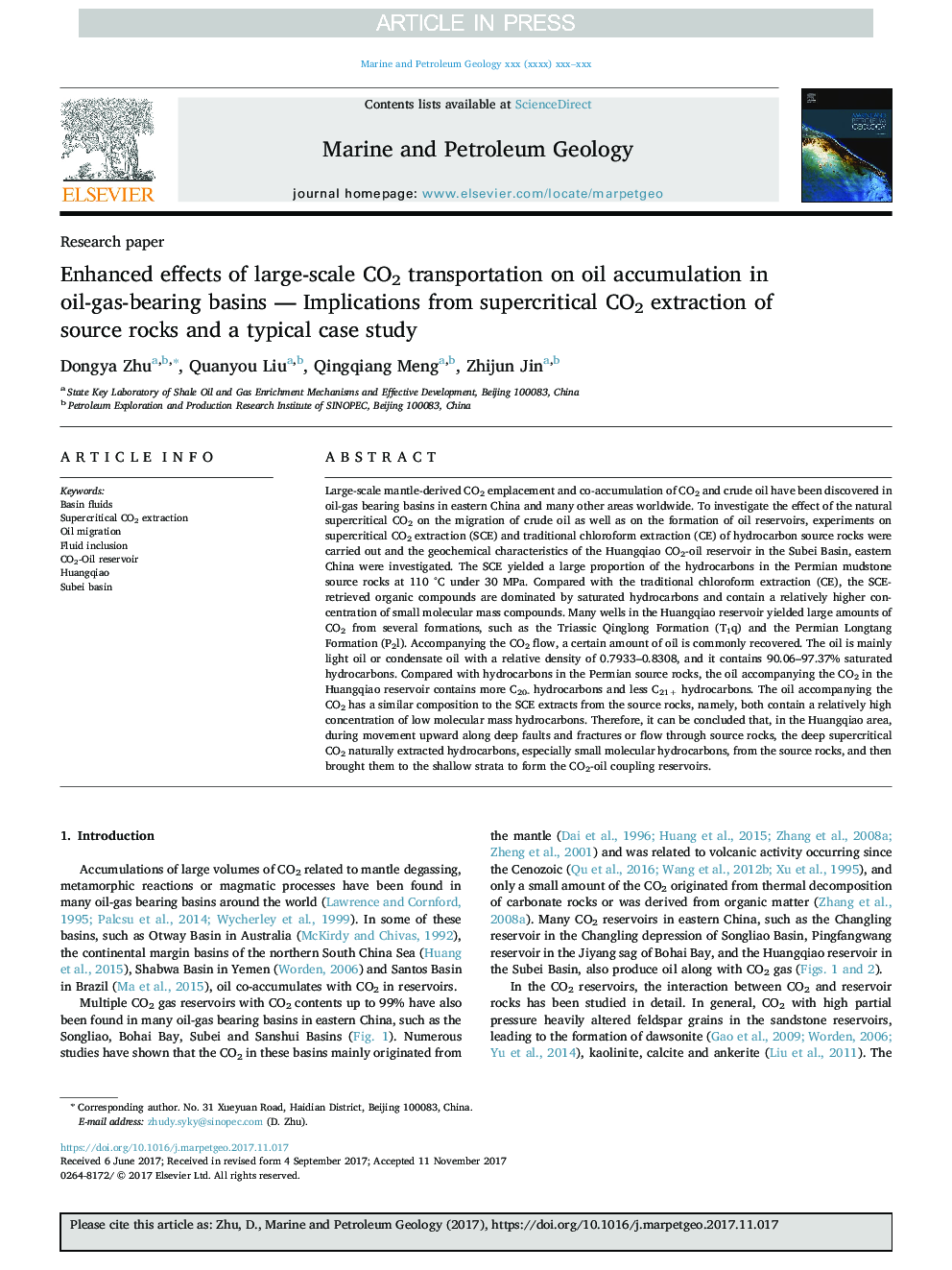 Enhanced effects of large-scale CO2 transportation on oil accumulation in oil-gas-bearing basins - Implications from supercritical CO2 extraction of source rocks and a typical case study