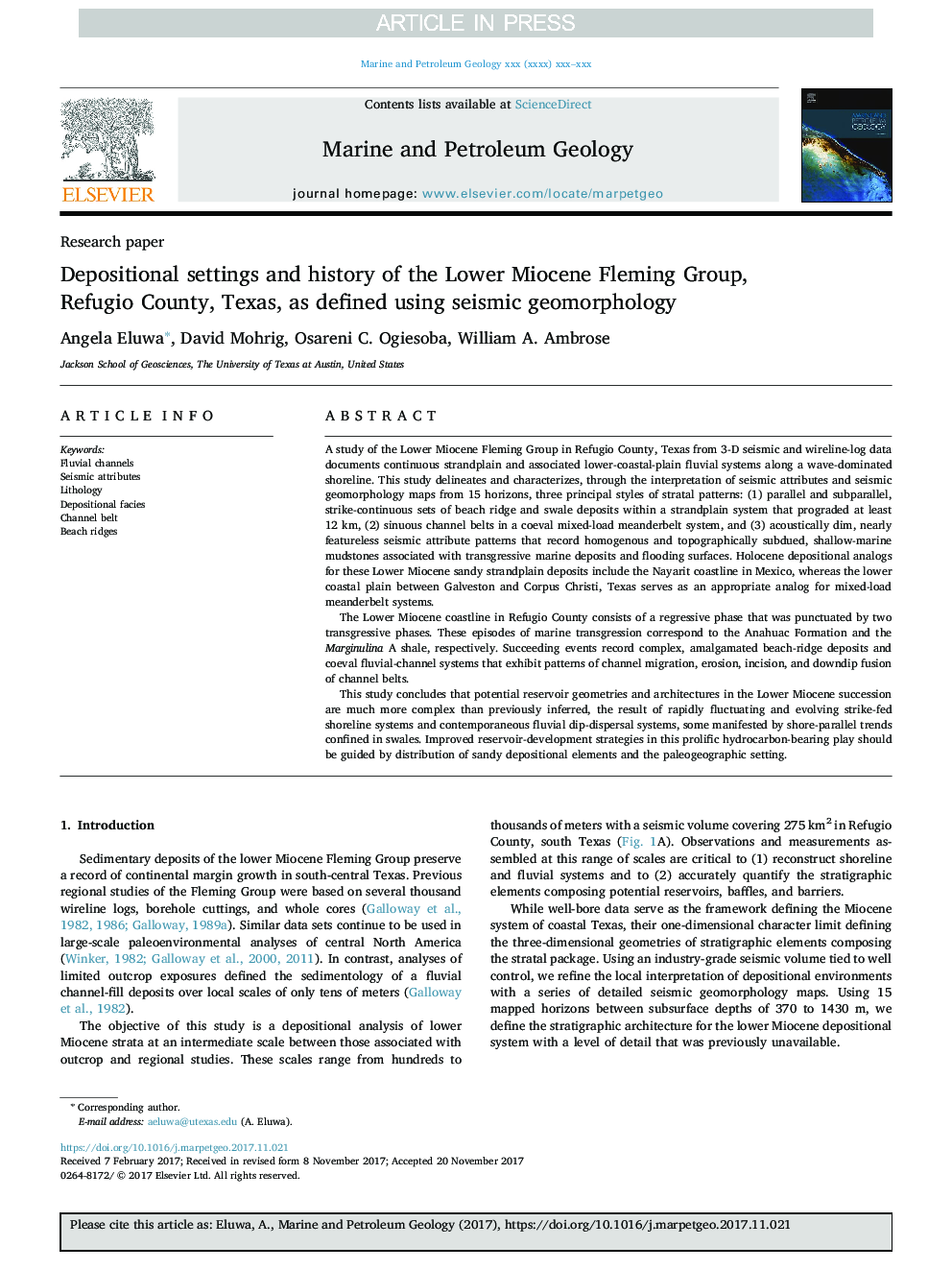 Depositional settings and history of the Lower Miocene Fleming Group, Refugio County, Texas, as defined using seismic geomorphology