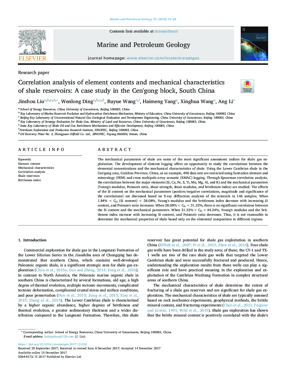 Correlation analysis of element contents and mechanical characteristics of shale reservoirs: A case study in the Cen'gong block, South China