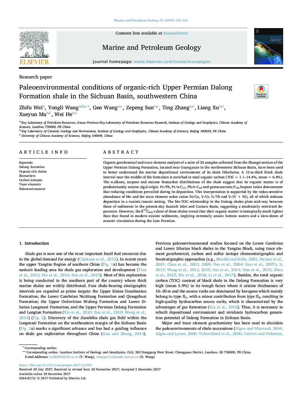 Paleoenvironmental conditions of organic-rich Upper Permian Dalong Formation shale in the Sichuan Basin, southwestern China